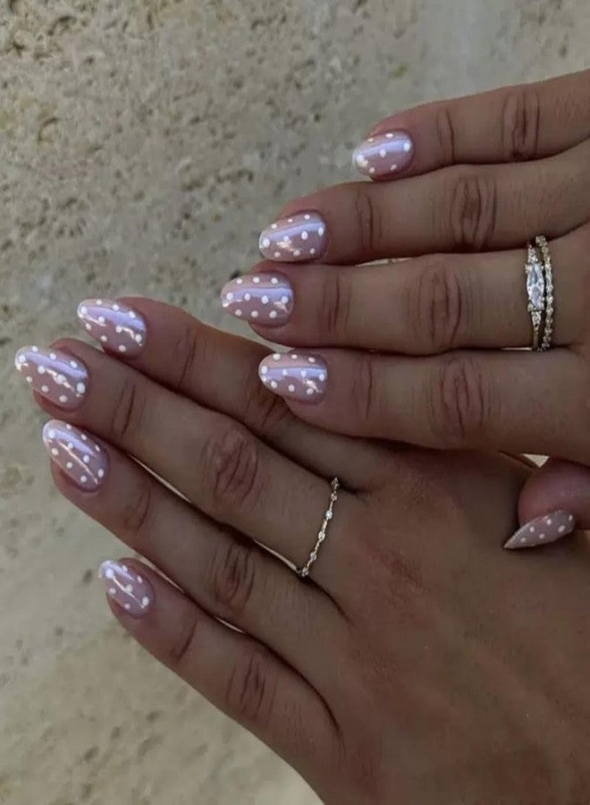 CTTHNBD Short Press on Nails Almond - Chrome Pink Fake Nails with Polka Dot Design - Glossy Full Cover Stick on False Nails for Women 24 Pcs - Image 1